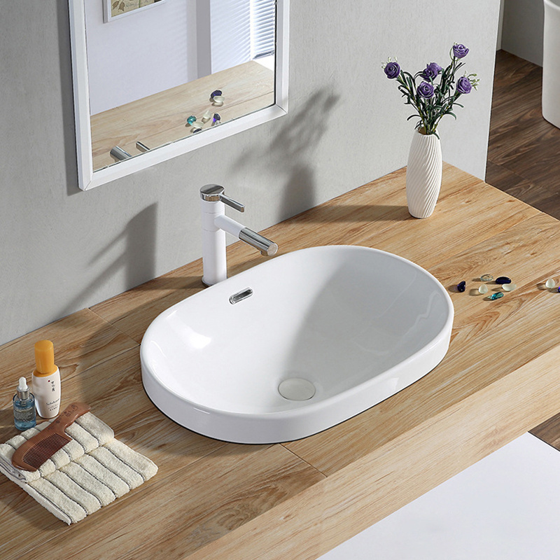 Professional Supplier White Lavatory Semi-recessed Oval Face Ceramic Vessel Cabinet Basin Bathroom Sink