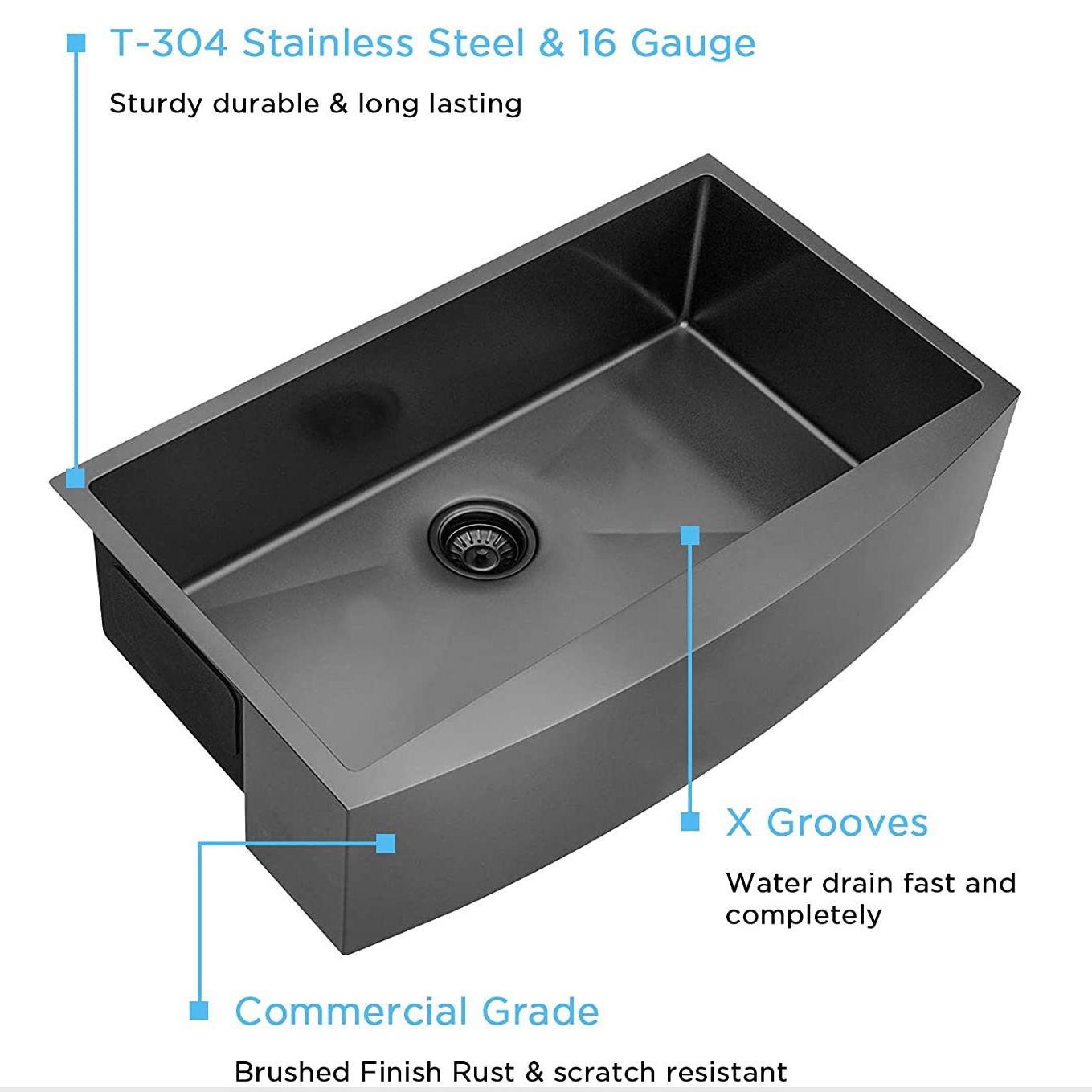 Aquacubic 30 Inch Farmhouse Farm Apron Front Single Bowl 304 Stainless Steel Handmade Black Kitchen Sink