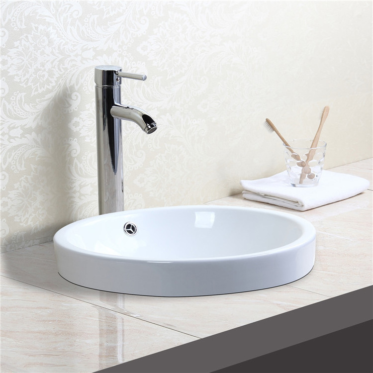 Round White Semi Recessed Ceramic Art Wash Basin Sink Bathroom Cabinet Above Counter Basin