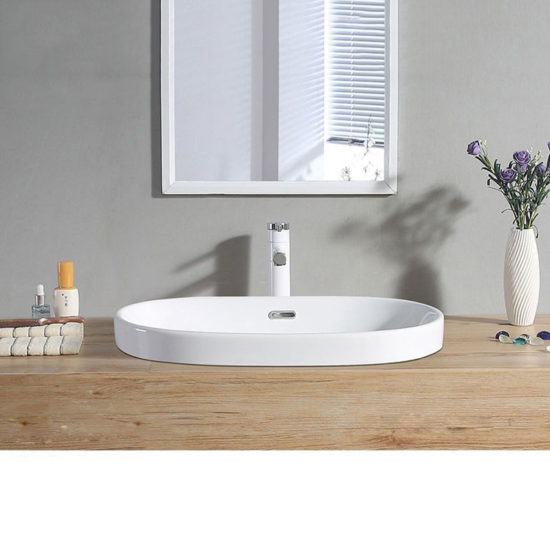 Professional Supplier White Lavatory Semi-recessed Oval Face Ceramic Vessel Cabinet Basin Bathroom Sink