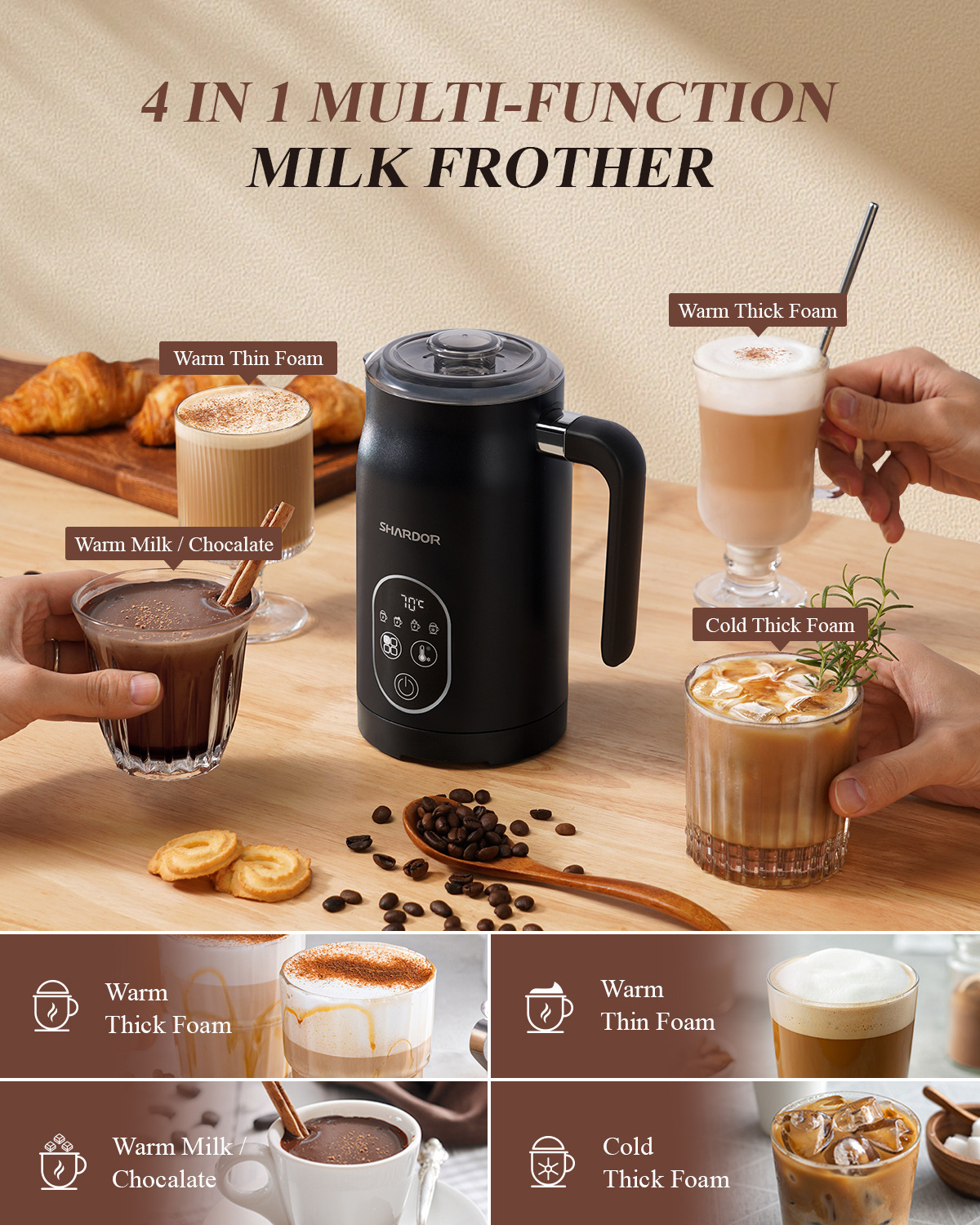 Instant Milk Frother Pot Touch Screen Hot and Cold Foam Maker  Hand Mixer Milk Frother for Coffee 4 in 1 Milk Frother Handheld