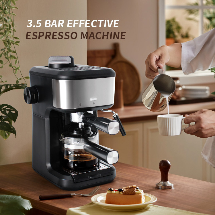 Espresso Coffee Machine 3.5 Bar 1-4 Cup with Steam Milk Frother Black Cappuccino Latte Maker