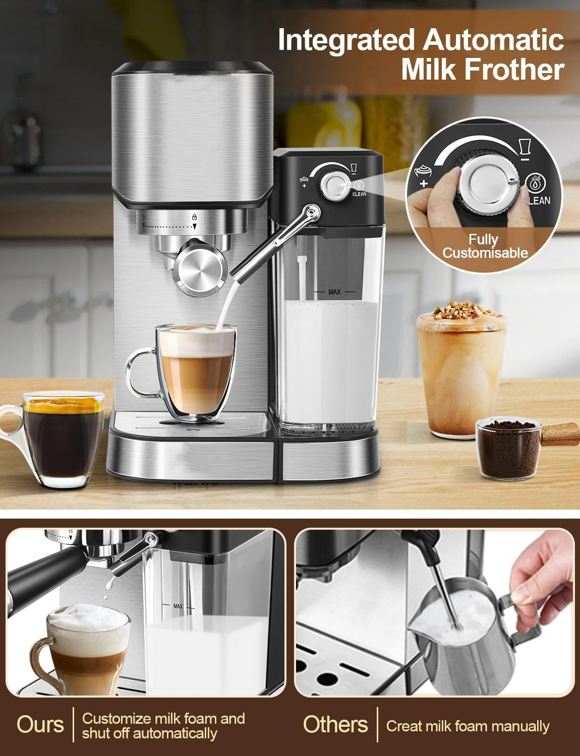 Built In Automatic Milk Frother Espresso Coffee Machine Grinder Home Stainless Steel 20 Bar Espresso & Cappuccino & Latte Maker