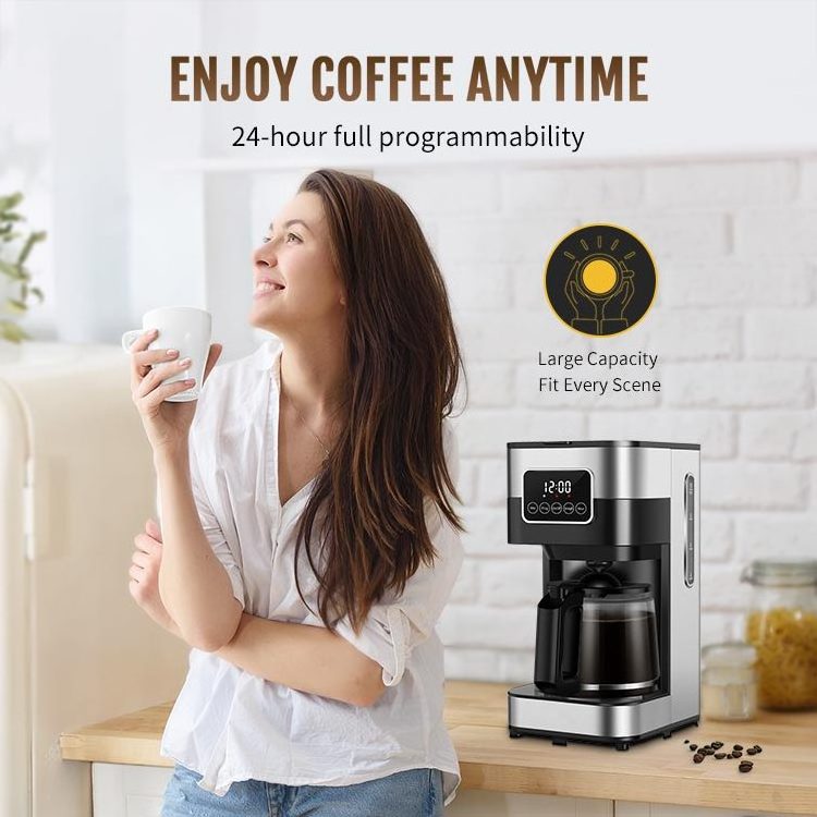 Programmable Coffee Machine with Glass Carafe Keep Warm Stainless Steel Anti-Drip Coffee Maker