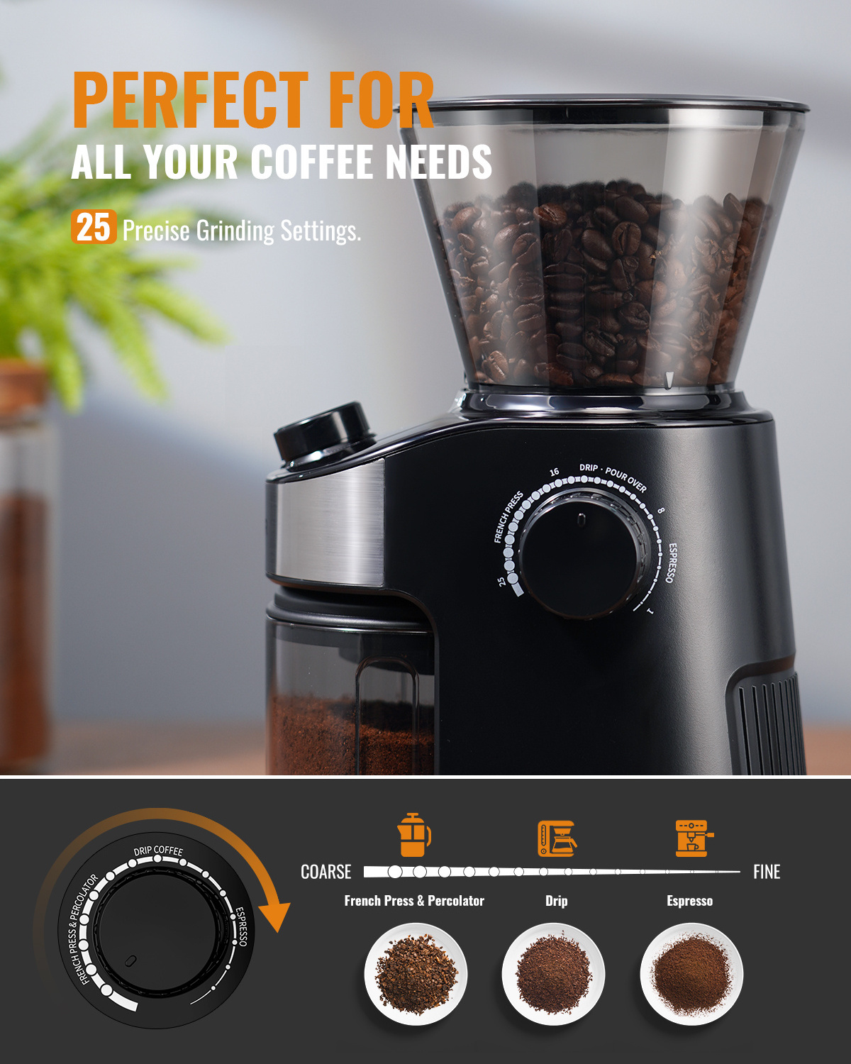 Adjustable Burr Mill with 25 Precise Grind Setting Conical Burr Coffee Grinder French Press Espresso Grinder