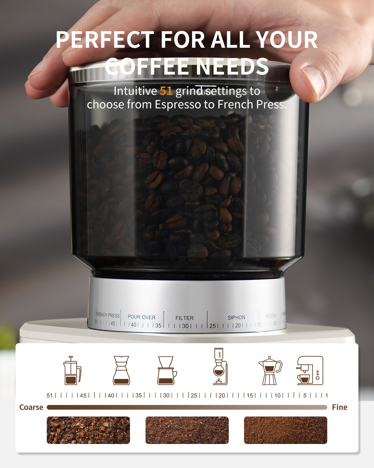 New 51 Grinding Settings CE CB Espresso Drip French Press Finest Electric Conical Burr Coffee Bean Grinder Stainless Steel