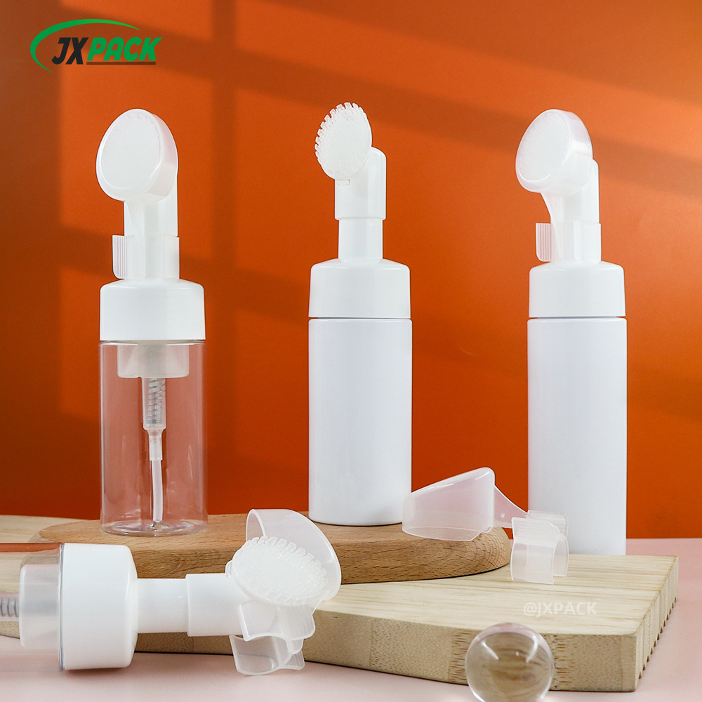 Cosmetic Facial Cleanser Mousse 100ml 150ml 200ml Clear White Plastic Pet Liquid Soap Foam Pump Bottle With Silicone Brushes