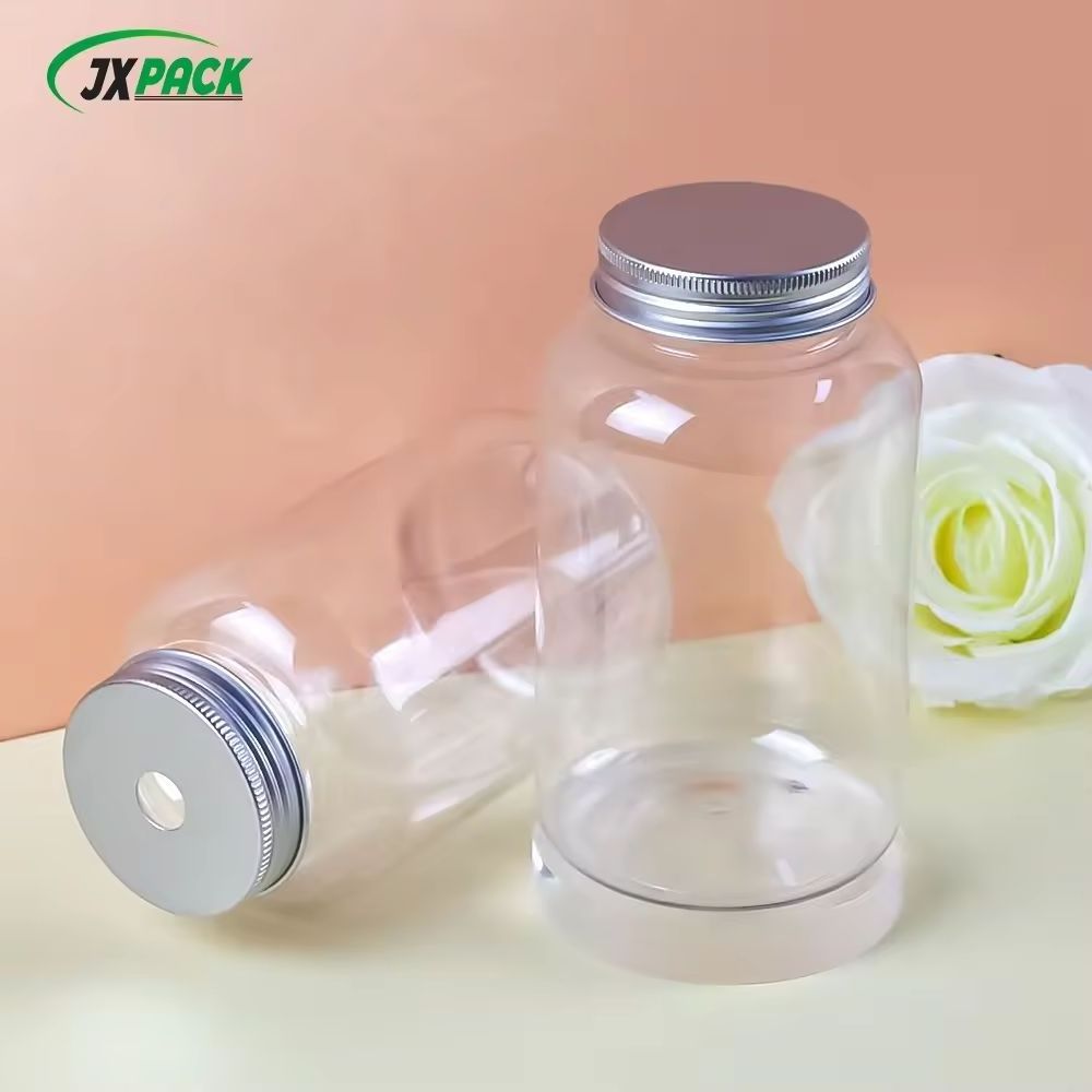 Silver Aluminum Cap Milk Tea Bottle PET Screw Cap High Quality Bottled Takeaway Milk Tea Transparent Food Screen Printing 500ML