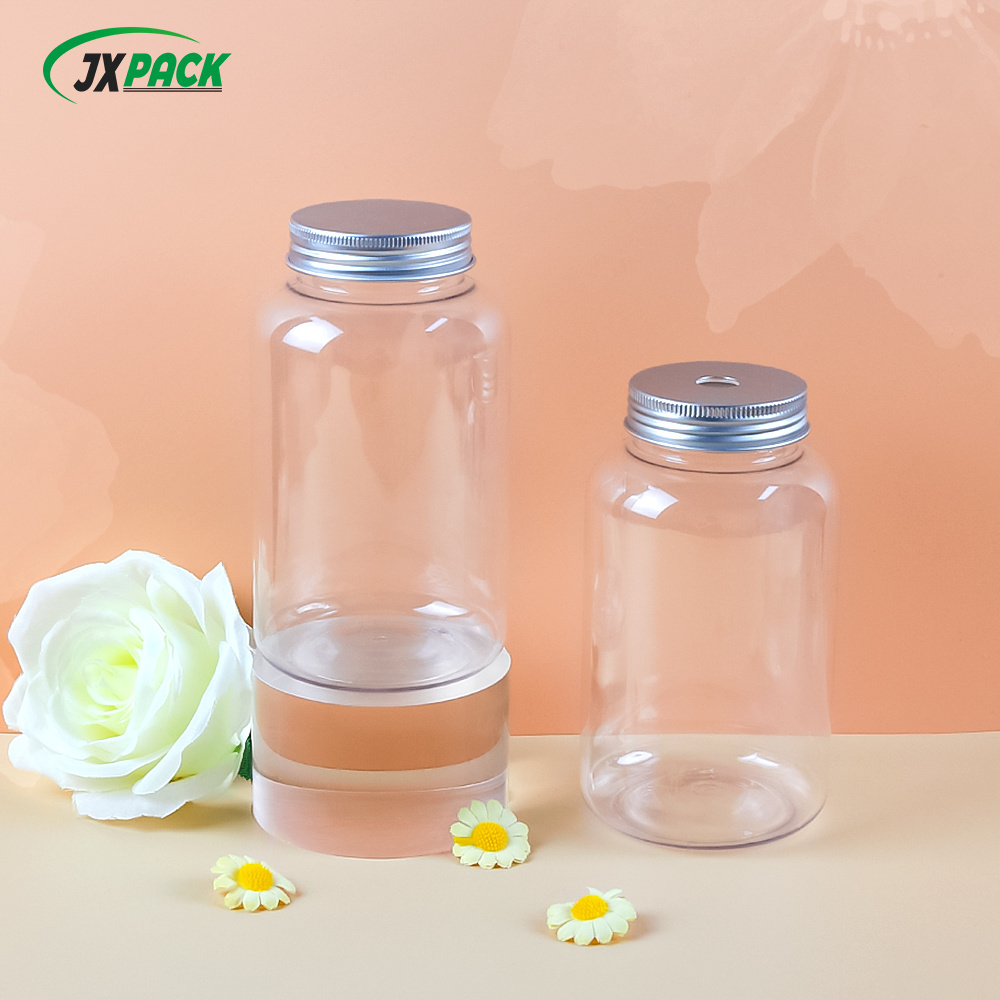 Silver Aluminum Cap Milk Tea Bottle PET Screw Cap High Quality Bottled Takeaway Milk Tea Transparent Food Screen Printing 500ML