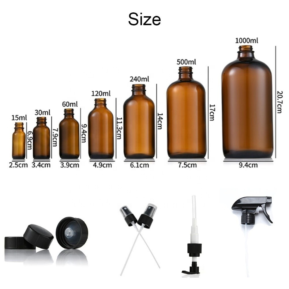 Custom 100ml 120ml 500ml Thick Bottom Frosted Glass Boston Bottle Amber Brown Clear round Glass Spray Bottle for Perfume Oil