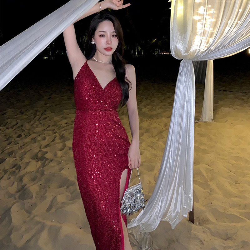 Hot Sell Red Sequins Sexy Slim-fit Cocktail Party Stylish Bar Marriage Office Party Dress