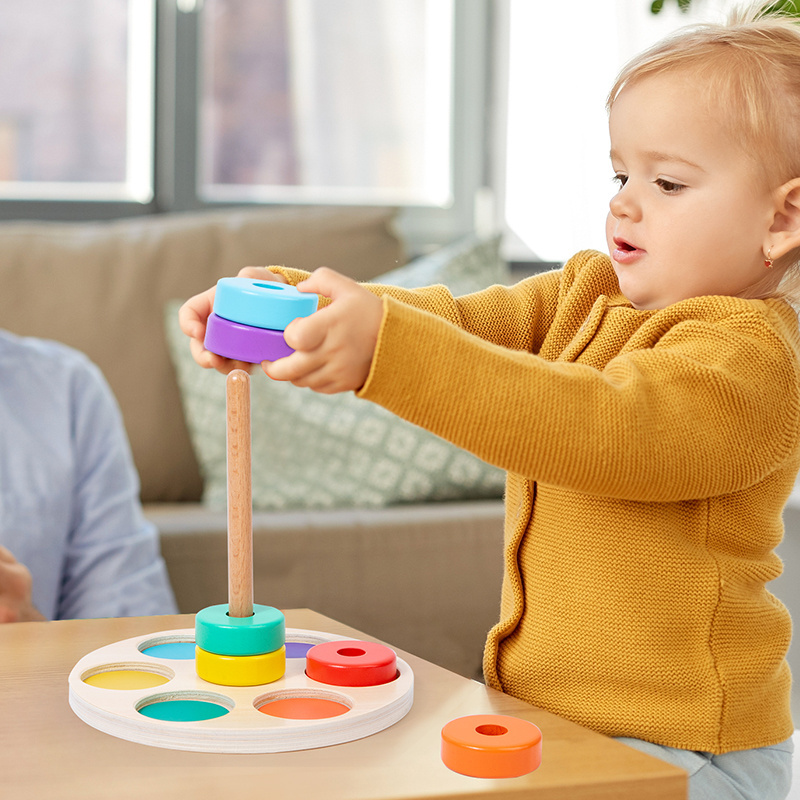 How Sale Toys Rainbow Stacking Ring Tower Board Baby Early Educational Teaching Aids Wood Toddler Baby Toy for Children Colors