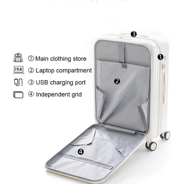 Hard Shell Multifunction PC Front Opening Luggage Suitcase With Laptop Mobile Cup Holder With USB Charging