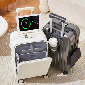 Hard Shell Multifunction PC Front Opening Luggage Suitcase With Laptop Mobile Cup Holder With USB Charging