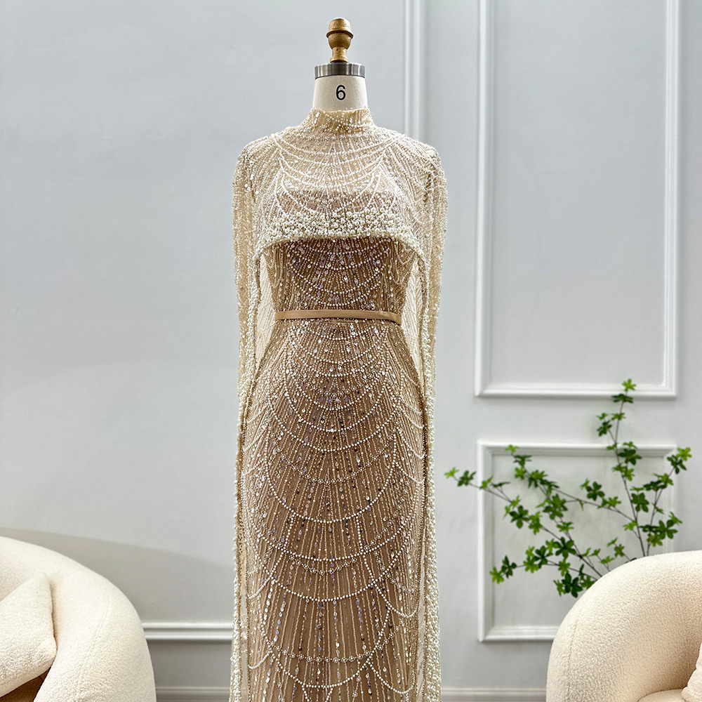 Sharon Said SS369 Luxury Pearls Dubai Champagne Evening Dresses 2024 Arabic Mermaid Wedding Party Prom Dress