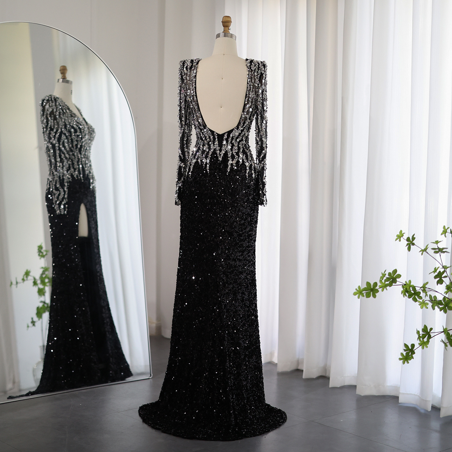 Sharon Said SS250 Luxury Black Mermaid Dubai Evening Dresses 2023 Elegant V-Neck Long Sleeves Arabic Women Formal Party Gowns