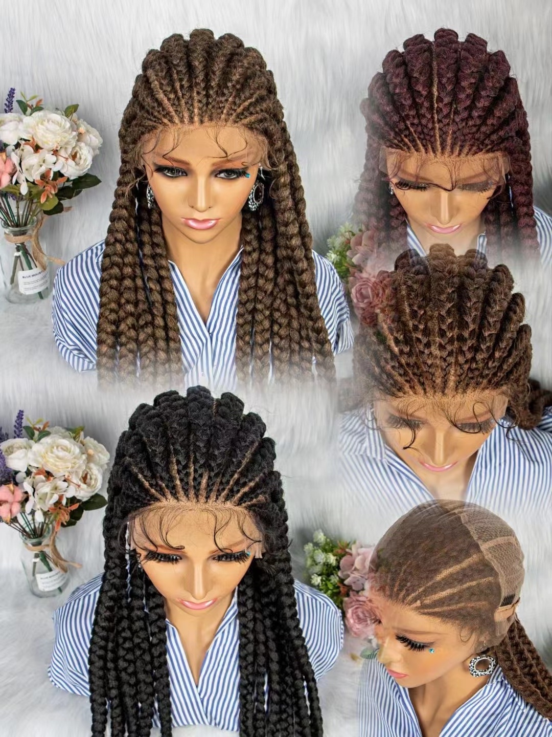 Women Premium Glueless Synthetic Hair full lace Wig Box Braid Hand Made African Braided Lace Wig with Baby Hair