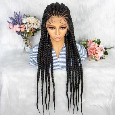 Women Premium Glueless Synthetic Hair full lace Wig Box Braid Hand Made African Braided Lace Wig with Baby Hair