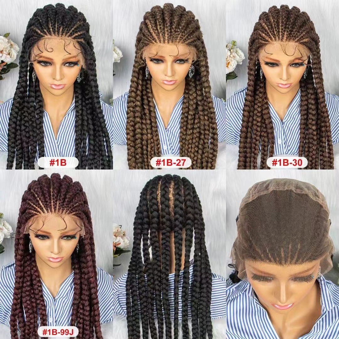 Women Premium Glueless Synthetic Hair full lace Wig Box Braid Hand Made African Braided Lace Wig with Baby Hair