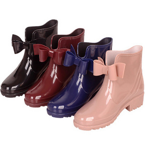 fashion bowknot unique style pvc clear ankle rain boots shoes for girls pvc woman rain boot CC1026