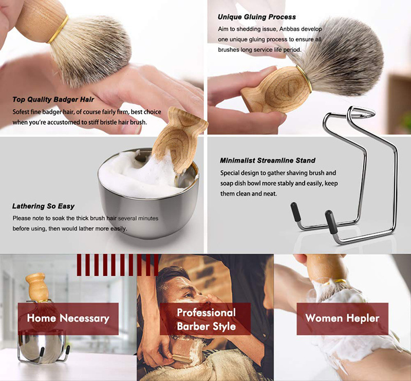 JDK Custom Shaving Brush Set 4pcs Hair Brush Solid Wood Handle Shaving Stainless Steel Stand Shaving Bowl Kits