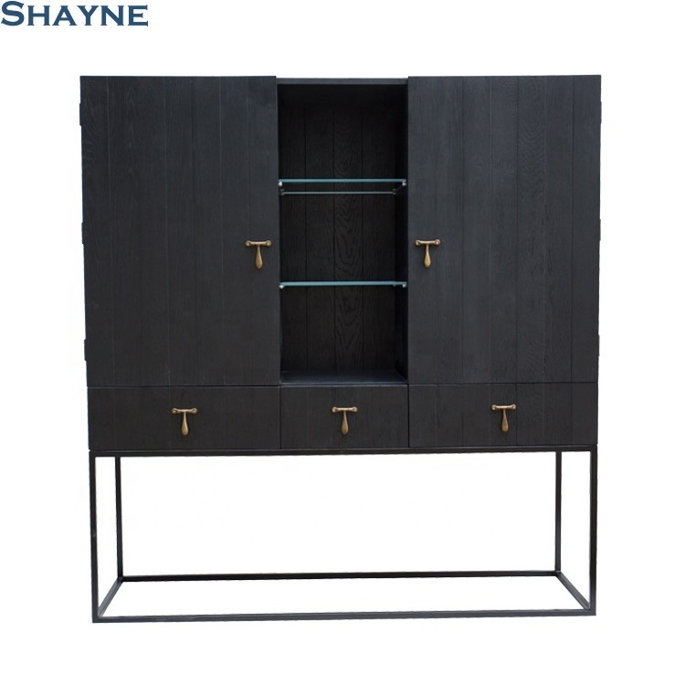 2024 collections Exhibitor OEM for well-known brands SHAYNE FURNITURE Solid Storage Bar Led-lit Glass Shelves Oak Wine Cabinet