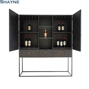 2024 collections Exhibitor OEM for well-known brands SHAYNE FURNITURE Solid Storage Bar Led-lit Glass Shelves Oak Wine Cabinet