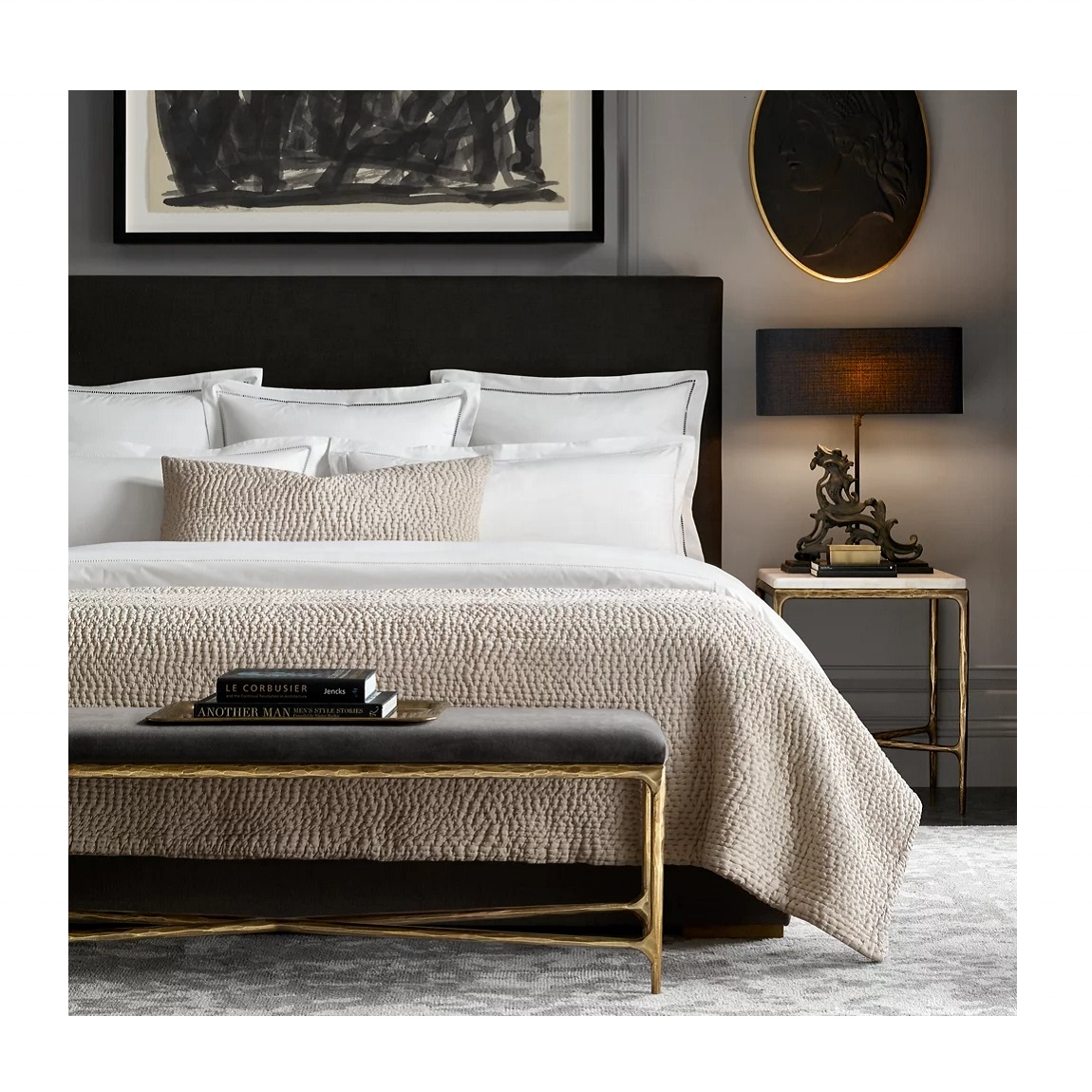 Modern luxury hand-forged metal base upholstery thaddeus brass end of bed fabric bench for home  bedroom furniture