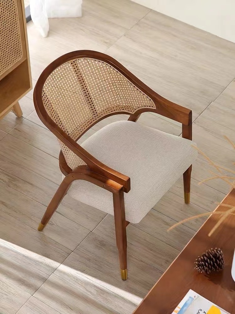 Cheap Solid wood frame woven rattan back upholstered arm fabric dining chair