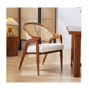 Cheap Solid wood frame woven rattan back upholstered arm fabric dining chair