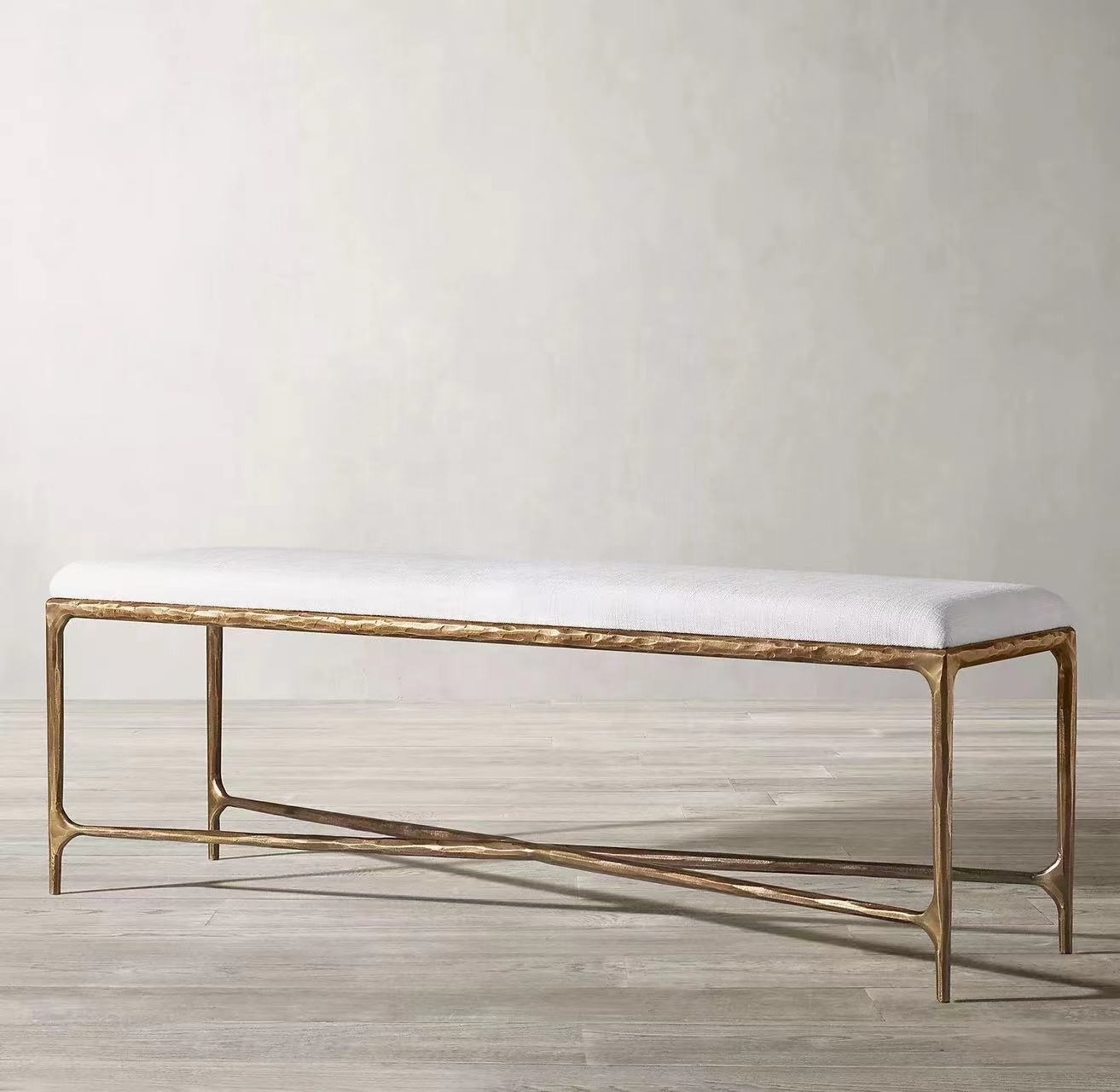 Modern luxury hand-forged metal base upholstery thaddeus brass end of bed fabric bench for home  bedroom furniture