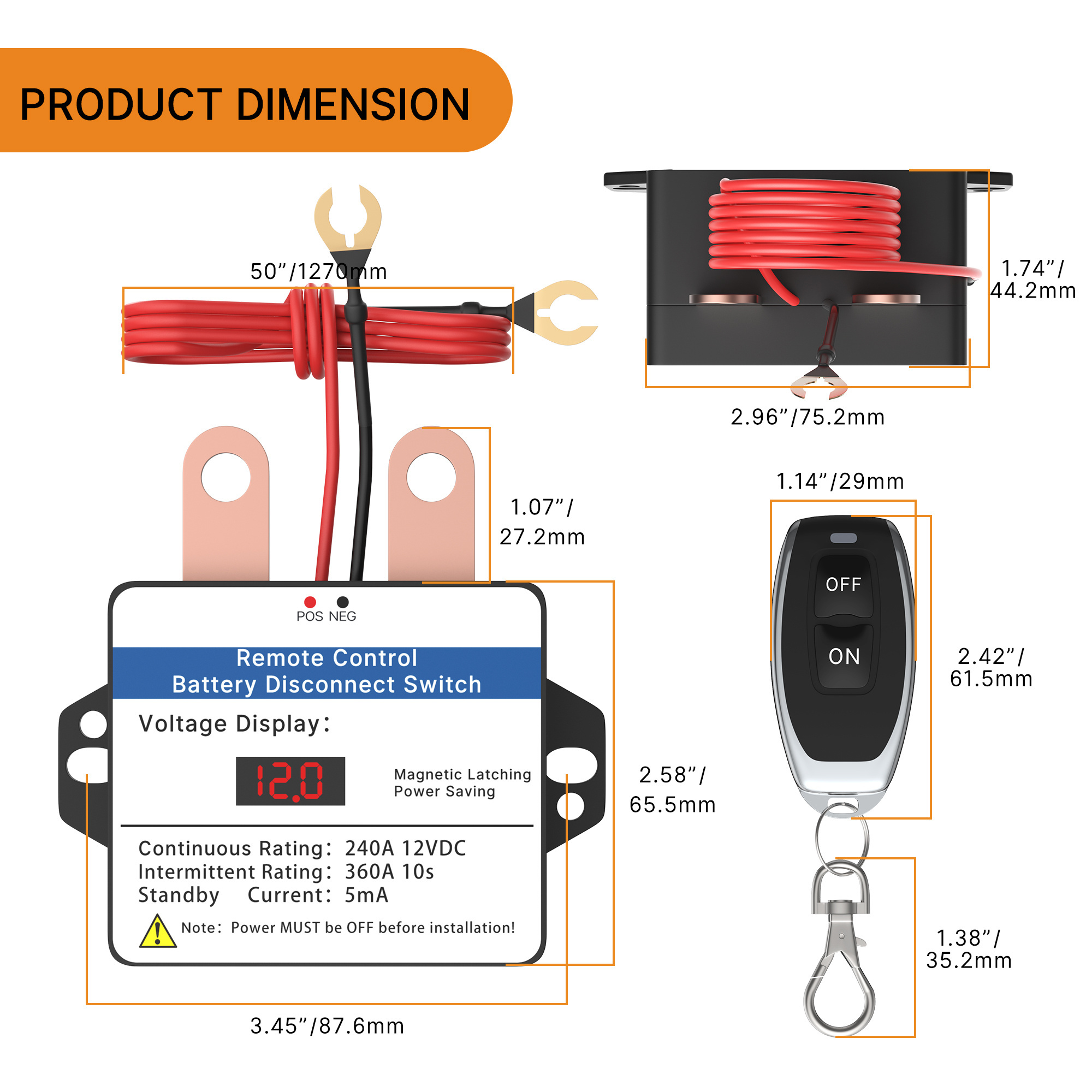 240A 12VDC Wireless Battery Switch Relay Remote Car Disconnect Magnetic Latching With Led Digital Display