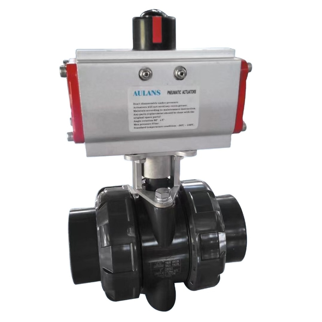 Electric Motorized Ball Valve Air Actuator Double Union PVC Plastic 2 Ways Pneumatic Control Ball Valve