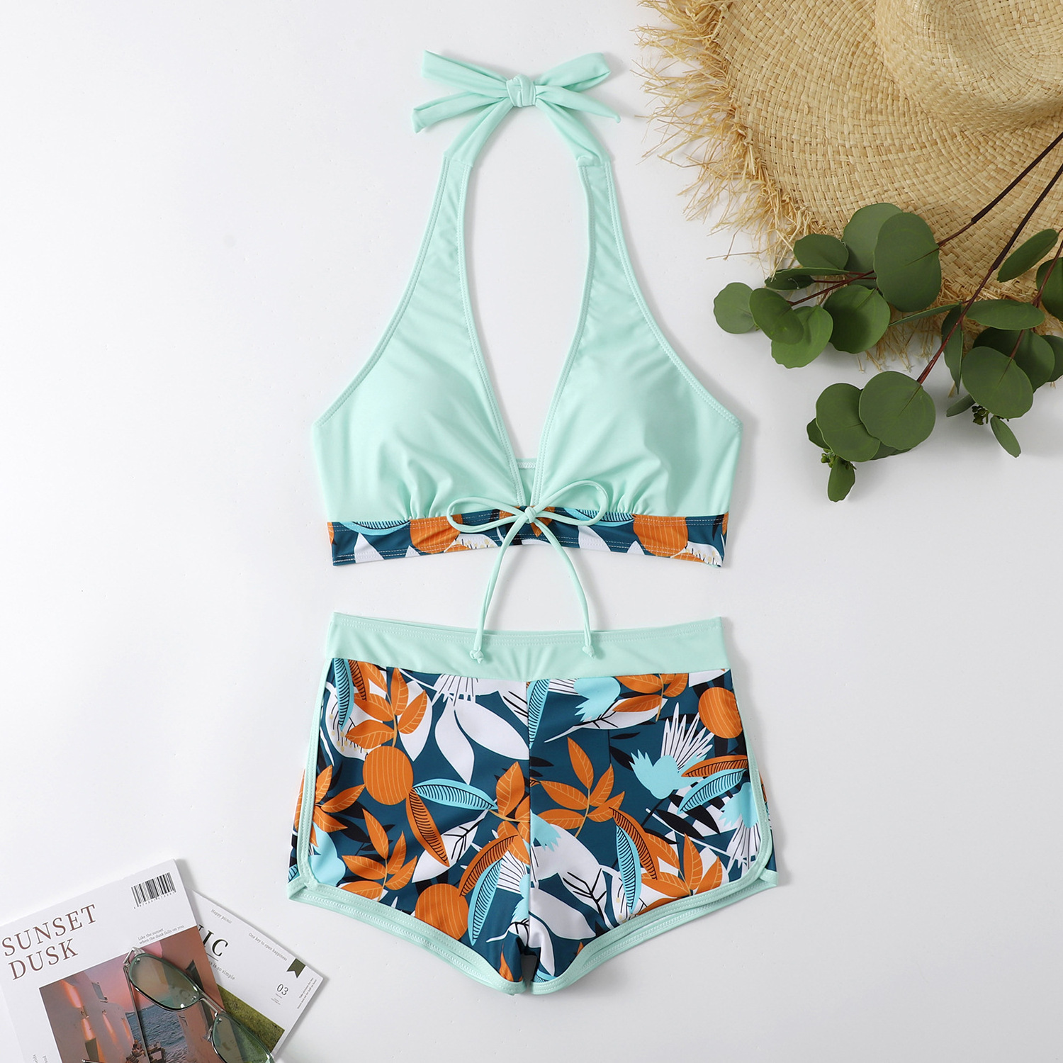 2023 New swimdress Bikini 2-Piece Set Sports Bra Boxer Shorts Classic Printed Beachwear Women Sexy Swimsuit buckle swimwear