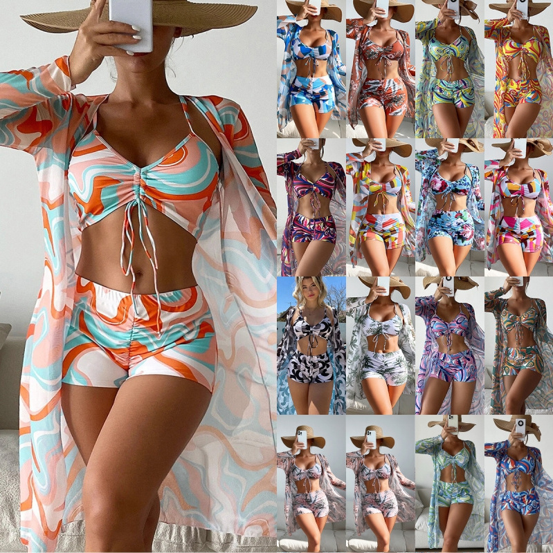 2023 3-piece high-waisted chease cheap swimsuit  Sexy Classic Printed Beachwear buckle for women bikini Swim Trunk swimwear