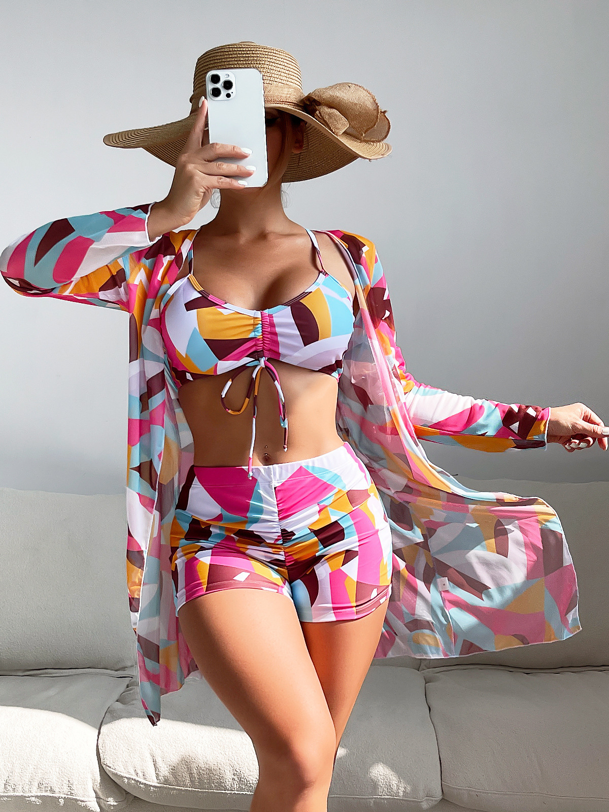 2023 3-piece high-waisted chease cheap swimsuit  Sexy Classic Printed Beachwear buckle for women bikini Swim Trunk swimwear