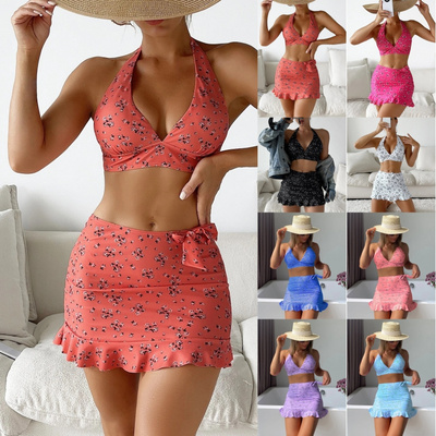 Wholesale swimsuit women 3-piece floral bikini pink spandex swimsuit modest swimwear for women high waisted bikini