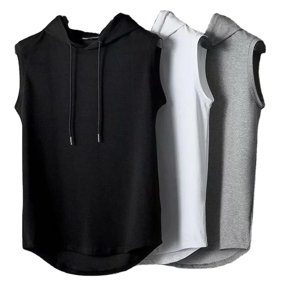 Wholesale sleeveless tank top men's casual T-shirt solid color hoodie lace-up T-shirt Hip hop men's sweatshirt mens gym vest