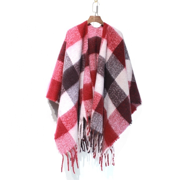 OEM Custom Long Fringe Classic Stylish Cozy Fluffy Plaid Stripe Check Women Lady Winter Throw Wrap Cape Scarf Shawl Poncho