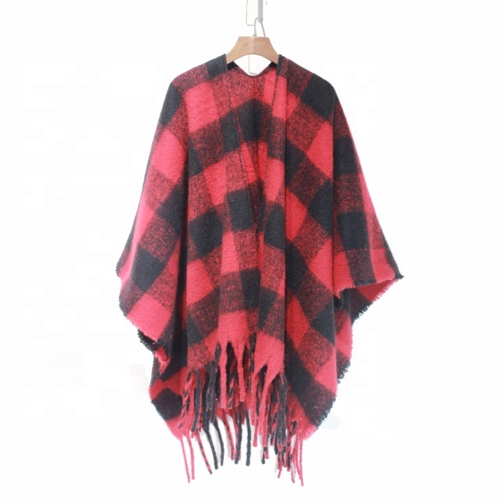 OEM Custom Long Fringe Classic Stylish Cozy Fluffy Plaid Stripe Check Women Lady Winter Throw Wrap Cape Scarf Shawl Poncho