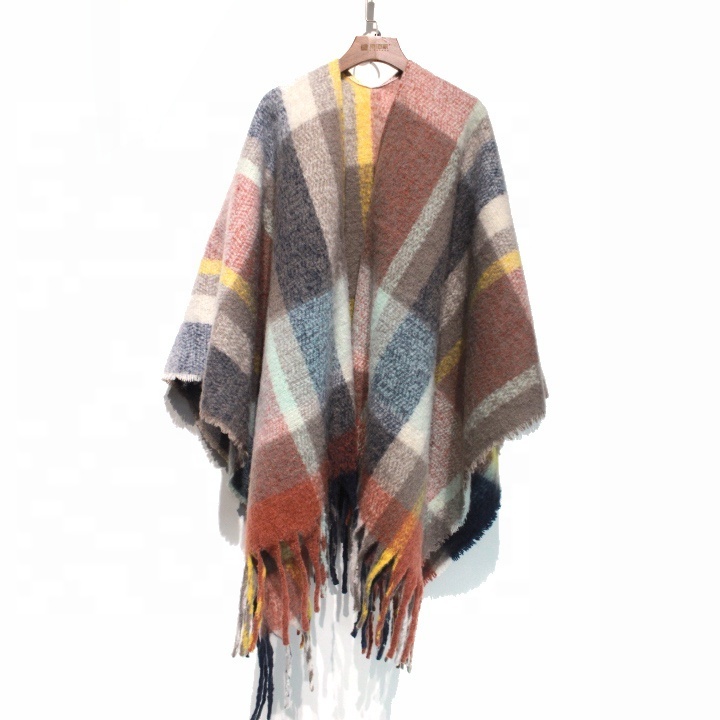 OEM Custom Long Fringe Classic Stylish Cozy Fluffy Plaid Stripe Check Women Lady Winter Throw Wrap Cape Scarf Shawl Poncho