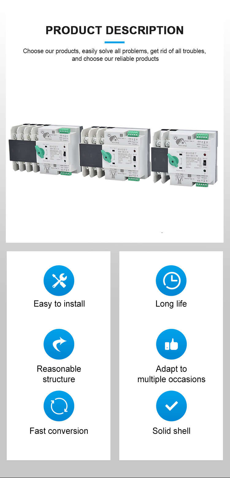 Changeover ATS Single Phase 2P 4P 63A 100A Low Voltage AC 220V 63Amp Dual Power Automatic Transfer Switch