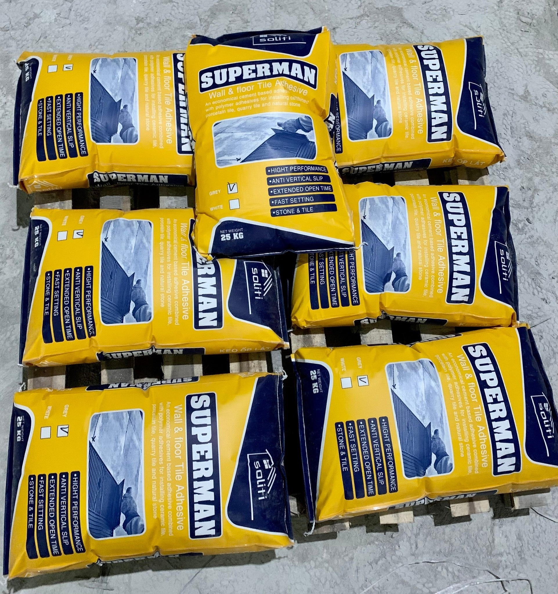 Outdoor Construction Super Man Tile Adhesive 25KG Polymer Modified White Cement Based Vietnam Origin Exporting