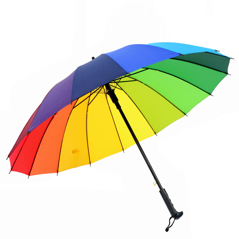 cheap factory 16k Straight Handle Long Shaft Automatic Rain Umbrella 16 Ribs Rainbow Umbrella