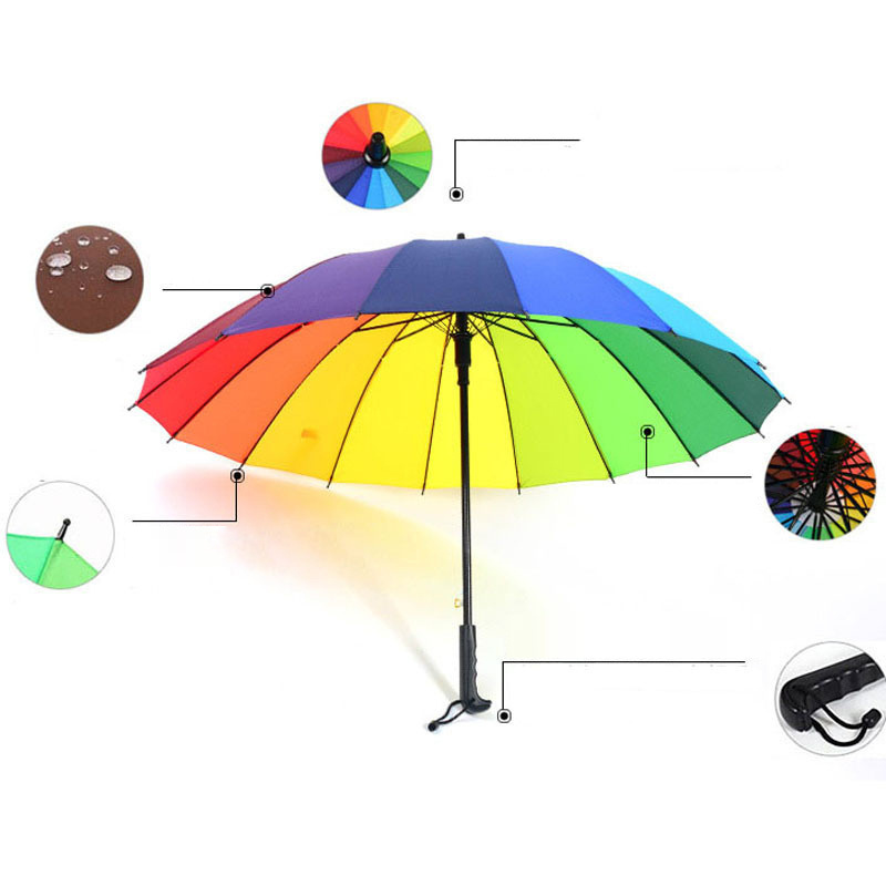 cheap factory 16k Straight Handle Long Shaft Automatic Rain Umbrella 16 Ribs Rainbow Umbrella