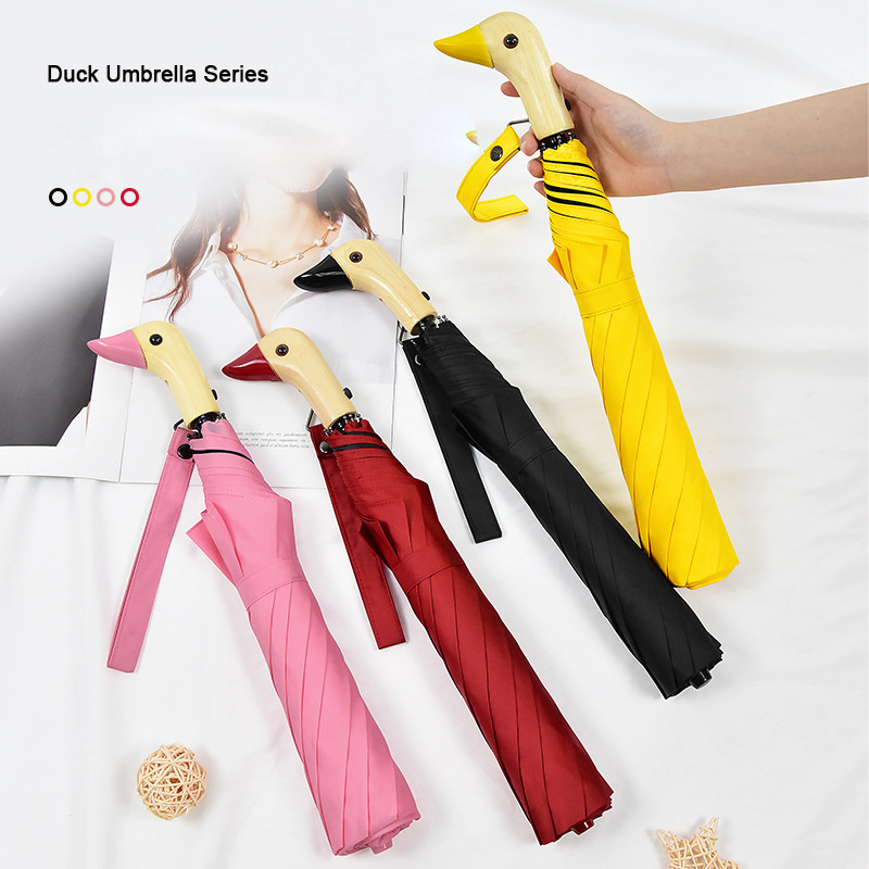 Wooden Animal Bird Duck Head Handle Umbrella  High Quality 3 Fold Custom Kids Lovely Fancy