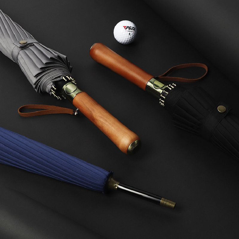 Gentleman vintage Solid wood handle 16 ribs automatic full fiber advertising custom logo golf umbrella