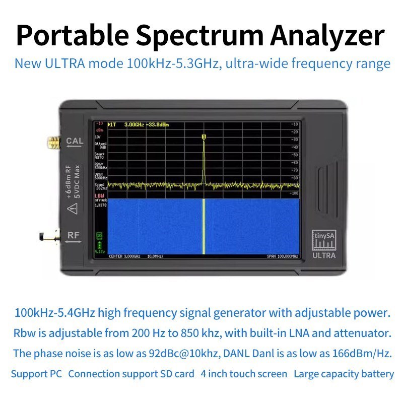 Handheld Tiny Spectrum Analyzer 100KHz-5.3GHz 4 Inch Touch Screen RF Tinysa Ultra Spectrum Analyzer with 3000mAh Battery