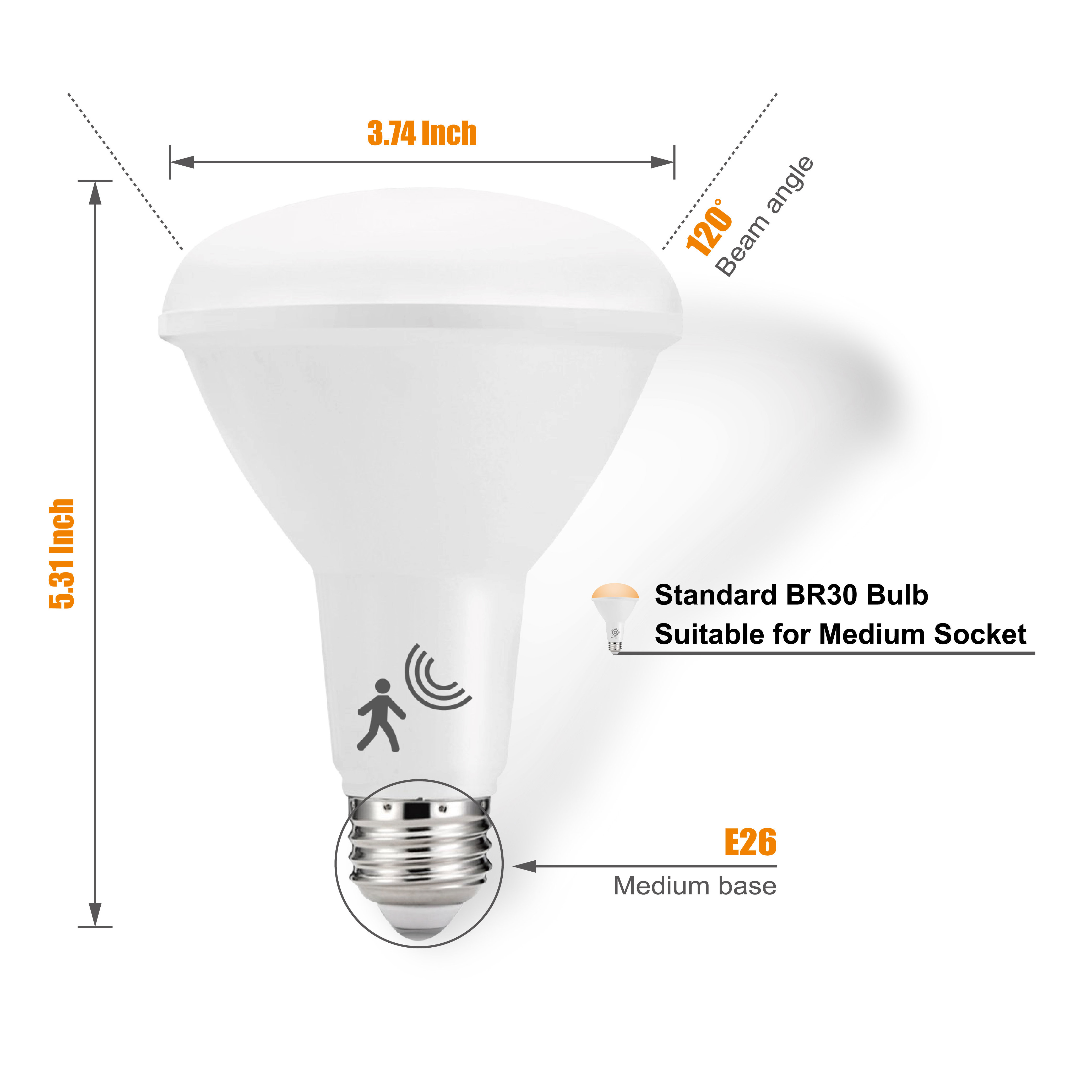 BR30 Floodlight with Motion Sensor, BR30 Bulb for Indoor and Outdoor, 12W, Bright White(4000K), 900lm, Ra80, E26