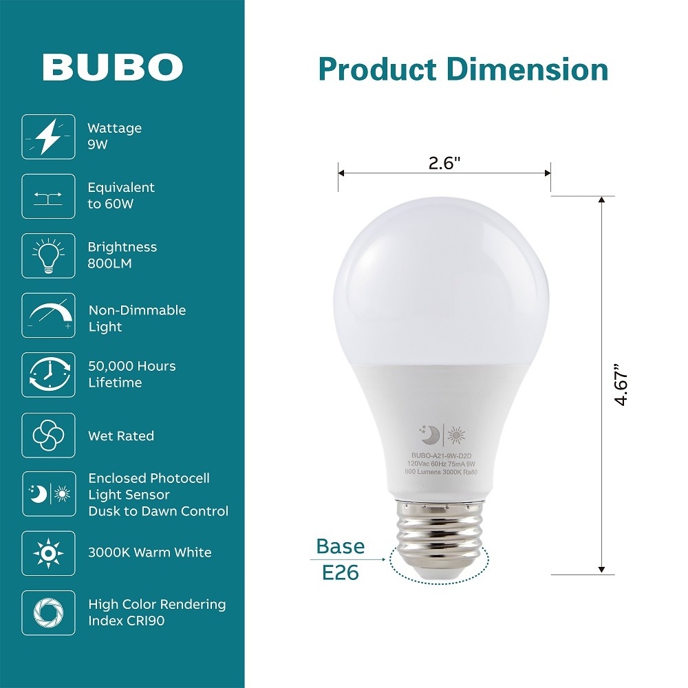 Bubo Dusk to Dawn Led Light Bulb, 9W (60W Equivalent)Neutral Light(4000K), 800lm, A19 Auto On/Off Porch Light E26 Base